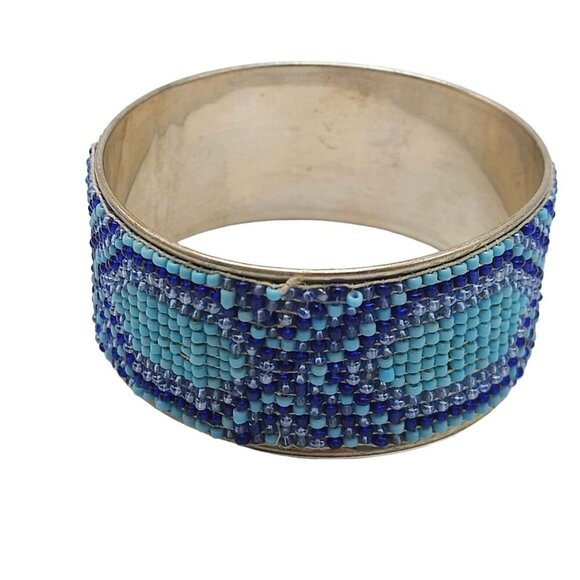 Blue Seed Beads Wide Bangle Bracelet Silver Tone Vintage - Picture 3 of 6